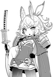  azur_lane breasts commentary female gloves greyscale hair_ribbon holding holding_sword holding_weapon hori_(hori_no_su) kitakaze_(azur_lane) looking_at_viewer mole mole_on_breast monochrome open_mouth pantyhose pleated_skirt ribbon short_hair short_ponytail simple_background skirt small_breasts solo sword tachi_(weapon) teeth tongue weapon white_background 