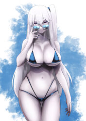  abyssal_ship aircraft_carrier_princess bikini blue-tinted_eyewear blue_bikini blue_nails breasts brown_eyes cleavage colored_skin female grey_skin hair_between_eyes highres ishii_hisao kantai_collection large_breasts long_hair looking_at_viewer looking_over_eyewear nail_polish one_side_up pale_skin simple_background smile solo sunglasses swimsuit tinted_eyewear very_long_hair white_hair 