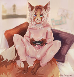  2020 ailurid anthro arms_bent barefoot bent_legs bite biting_lip biting_own_lip blue_eyes brown_body brown_nose clothing controller dualshock dualshock_4 faeyyaa feet feet_together_knees_apart female game_controller gaming green_eyes hair heterochromia hi_res holding_controller holding_game_controller holding_object inner_ear_fluff mammal pajamas pillow playing_video_game playstation playstation_4 playstation_controller red_panda rupey self_bite solo sony_corporation sony_interactive_entertainment spread_knees tuft wireless_controller 