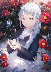  animal bird blue_eyes braid bug butterfly female flower gomzi hair_flower hair_ornament holding holding_animal holding_bird insects korean_clothes leaf long_hair looking_at_viewer original peony_(flower) plant ponytail rose signature smile solo white_hair 