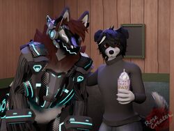  3d_(artwork) 4:3 anthro beverage blender_(artwork) border_collie brown_body canid canine canis clothed clothing collie digital_media_(artwork) domestic_dog duo elevator female fur grimace_shake hair happy herding_dog hi_res looking_at_viewer machine male male/female mamagen mammal mcdonald&#039;s meme pastoral_dog protogen rose_bursyoji rosecreates sheepdog shirt smoothie topwear 