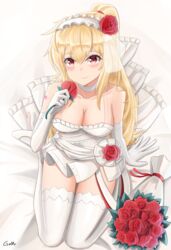  bare_shoulders bed blonde_hair blush bouquet breasts bridal_veil choker cleavage dress elbow_gloves female flower gamryous girls&#039;_frontline gloves hairband highres holding jewelry long_hair looking_at_viewer official_alternate_costume petals ponytail red_eyes ring rose_petals smile solo sv-98_(girls&#039;_frontline) sv-98_(pierce_your_heart!)_(girls&#039;_frontline) thighhighs veil wedding_dress white_gloves 