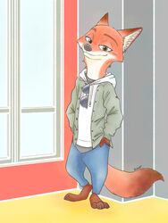  2020 anthro barefoot canid canine cheek_tuft clothed clothing disney eyewear facial_tuft feet fox fully_clothed green_eyes hand_in_pocket hands_in_both_pockets hb_runo hi_res hoodie inner_ear_fluff male mammal nick_wilde pockets red_fox smile solo standing sunglasses topwear true_fox tuft zootopia 