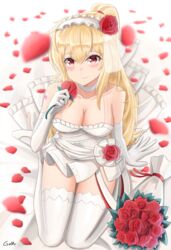  bare_shoulders bed blonde_hair blush bouquet breasts bridal_veil choker cleavage dress elbow_gloves female flower gamryous girls&#039;_frontline gloves hairband highres holding jewelry long_hair looking_at_viewer official_alternate_costume petals ponytail red_eyes red_flower red_rose ring rose rose_petals smile solo sv-98_(girls&#039;_frontline) sv-98_(pierce_your_heart!)_(girls&#039;_frontline) thighhighs veil wedding_dress white_gloves 