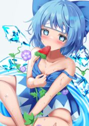  @_@ blue_dress blue_eyes blue_hair bow cirno dress female food hairbow highres ice ice_wings medium_hair melting plant popsicle solo strap_slip sweat tanned_cirno touhou unory vines watermelon_bar wings 