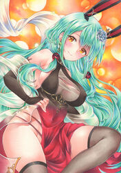  animal_ears azur_lane black_dress black_gloves blue_flower boise_(azur_lane) boise_(jade_mermaid)_(azur_lane) breasts bridal_gauntlets brown_thighhighs commentary_request covered_nipples dress earrings elbow_gloves fake_animal_ears female flower gem gloves gradient_dress green_gemstone green_hair hair_flower hair_ornament halter_dress halterneck highres jewelry long_hair looking_at_viewer marker_(medium) medium_breasts official_alternate_costume partial_commentary rabbit_ears red_dress saya_pr see-through see-through_dress side_slit solo thighhighs traditional_media very_long_hair yellow_eyes 