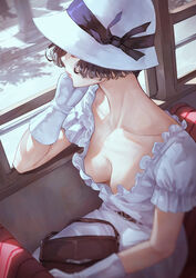  bag black_hair black_ribbon bob_cut breasts bus_interior cleavage closed_mouth collarbone commentary_request day downblouse dress female frilled_dress frills gloves hand_on_own_face handbag hat hat_ornament hat_ribbon highres kaoming medium_breasts no_bra original pink_lips ribbon short_hair short_sleeves sitting solo sunlight tokiwa_reika white_dress white_gloves white_hat 