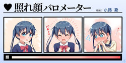  absurdres asado blue_eyes blue_hair blush closed_eyes embarrassed expressions female highres holding holding_own_hair kin-iro_mosaic komichi_aya lone_nape_hair moegi_high_school_uniform multiple_views open_mouth school_uniform twintails upper_body 