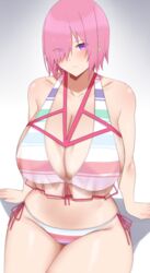  absurdres arind_yudha bare_shoulders bikini blush breasts cleavage closed_mouth collarbone commentary fate/grand_order fate_(series) female gradient_background grey_background hair_over_one_eye highres huge_breasts looking_at_viewer mash_kyrielight mash_kyrielight_(swimsuit_of_perpetual_summer_ver.02) multicolored_bikini multicolored_clothes multicolored_swimsuit navel official_alternate_costume pink_hair purple_eyes side-tie_bikini_bottom sitting solo stomach striped_bikini striped_clothes swimsuit thighs 