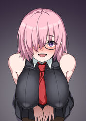  :d bare_shoulders black_dress blush breasts dress fate/grand_order fate_(series) female glasses hair_over_one_eye highres large_breasts leaning_forward light_purple_hair looking_at_viewer mash_kyrielight muta_poo necktie nose_blush open_mouth pink_hair purple_eyes short_hair sleeveless smile solo 