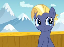  2021 badumsquish blonde_hair blue_eyes equid equine freckles friendship_is_magic hair hasbro hi_res horse looking_up male mammal mountain my_little_pony pony sitting snow snow_cap solo star_tracker_(mlp) 