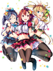  3girls :d ;d \m/ ahoge black_footwear black_legwear black_skirt blonde_hair blue_bow blue_eyes blue_hair blush boots bow breasts brown_eyes brown_hair character_request closed_mouth collared_shirt commentary_request cover_image crop_top detached_sleeves full_body green_skirt hair_between_eyes hair_ornament hairbow highres holding_hands long_hair looking_at_viewer luminous_idol matsuuni medium_breasts midriff multiple_girls navel official_art one_eye_closed open_mouth pleated_skirt puffy_short_sleeves puffy_sleeves purple_eyes red_skirt ribbon shirt short_sleeves side_ponytail sidelocks simple_background skirt smile star_(symbol) star_hair_ornament swept_bangs thigh_gap thighhighs v very_long_hair white_background white_shirt wing_collar wrist_cuffs yellow_ribbon 