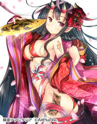  bad_id bad_pixiv_id bikini bikini_top_only black_hair blush breasts commentary_request company_name copyright_name female folding_fan from_side hair_between_eyes hand_fan head_tilt highres holding holding_fan horns japanese_clothes kimono large_breasts long_hair mask mask_on_head matsuuni ofuda oni_horns oni_mask open_clothes open_kimono parted_lips petals pointy_ears red_bikini red_eyes red_ribbon ribbon seirei_fantasia simple_background solo sweat swimsuit very_long_hair watermark white_background 