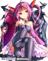  &gt;:) bad_id bad_pixiv_id bandeau bare_shoulders black_thighhighs brown_eyes carrot choker closed_mouth commentary_request company_name copyright_name feet female folding_fan frilled_choker frills garter_straps hand_fan head_tilt highres holding holding_fan matsuuni no_shoes pink_hair pink_ribbon ribbon see-through seirei_fantasia sitting skirt smile solo sparkle thighhighs toes v-shaped_eyebrows watermark white_background 