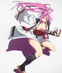  baiken breasts commentary_request female guilty_gear katana large_breasts long_hair namakemono_(u446644k) pink_eyes pink_hair ponytail scar solo sword toeless_legwear weapon 