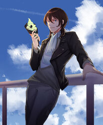  1boy bad_id bad_pixiv_id black_jacket blue_eyes blue_sky brown_hair cloud commentary_request day food highres ice_cream ice_cream_cone jacket male_focus outdoors pants photoshop_(medium) quanzhi_gaoshou railing riyu_(gauzama) scarf sky solo standing white_scarf zhou_zekai 