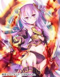  :o armor bad_id bad_pixiv_id bare_shoulders bikini_armor black_panties clothing_cutout commentary_request company_name copyright_name dual_wielding female fire hair_between_eyes head_tilt heart_cutout highres holding holding_sword holding_weapon long_hair matsuuni navel panties purple_eyes purple_hair seirei_fantasia solo sword two_side_up underwear v-shaped_eyebrows very_long_hair watermark weapon 