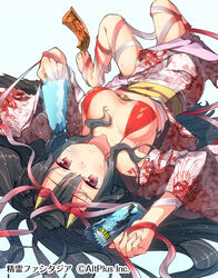  bad_id bad_pixiv_id barefoot between_toes bikini bikini_top_only black_hair blush breasts closed_mouth commentary_request copyright_name female floral_print food food_wrapper highres holding holding_food holding_with_feet japanese_clothes kimono long_hair lying matsuuni medium_breasts obi ofuda on_back open_clothes open_kimono popsicle red_bikini red_eyes red_ribbon ribbon sash seirei_fantasia solo sweat swimsuit upside-down 