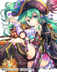  +_+ aqua_bikini bad_id bad_pixiv_id bikini bikini_top_only blue_eyes blush boots breasts brown_footwear closed_mouth coin commentary_request copyright_name detached_sleeves female gem green_hair hat head_tilt highres long_hair matsuuni medium_breasts pink_skirt seirei_fantasia sheath sheathed side_ponytail simple_background sitting skirt smile solo sparkle swimsuit sword treasure treasure_chest very_long_hair weapon white_background 