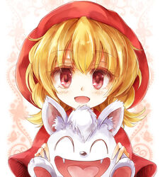  ^_^ akazukin_chacha bad_id bad_pixiv_id blonde_hair canine chacha_(akazukin_chacha) closed_eyes female harapekopikachu hood photoshop_(medium) red_eyes riiya_(akazukin_chacha) shawl short_hair smile 