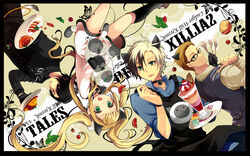  3boys animal_ears apron bad_id bad_pixiv_id black_border black_hair black_legwear black_shirt blonde_hair blue_shirt border brown_hair caprese_salad cat_ears character_name cherry_tomato commentary_request copyright_name elle_mel_martha feline female food fork fruit glasses gloves green_eyes heterochromia highres holding holding_fork holding_knife holding_spoon holding_tray julius_will_kresnik kemonomimi_mode kneehighs knife long_hair ludger_will_kresnik macaron meat miyu_(matsunohara) multiple_boys omelet omurice open_mouth parfait pinstripe_pattern pinstripe_shirt plate raspberry red_eyes rollo_(tales) shirt skirt smile socks spoon strawberry striped tales_of_(series) tales_of_xillia tales_of_xillia_2 tomato tray twintails upper_body upside-down vest victor_(tales) wafer white_shirt 