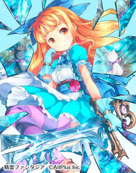  :&lt; bad_id bad_pixiv_id blonde_hair blue_bow blue_dress blue_eyes blue_gloves blush bow commentary_request company_name copyright_name dress feline female flower glass_shards gloves hairbow highres holding holding_sword holding_weapon long_hair matsuuni parted_lips puffy_short_sleeves puffy_sleeves red_flower red_rose reflection rose seirei_fantasia short_sleeves solo striped_clothes striped_thighhighs sword thighhighs watermark weapon 