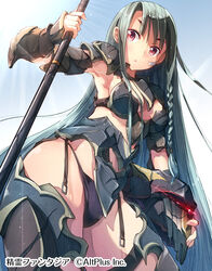  armor bad_id bad_pixiv_id bandage_on_face bandages bikini_armor black_panties braid breasts commentary_request company_name copyright_name female green_hair helmet highres holding long_hair matsuuni medium_breasts panties red_eyes seirei_fantasia solo sunlight thick_eyebrows underwear very_long_hair watermark 