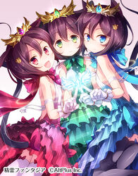  3girls :d animal_ears arm_ribbon bad_id bad_pixiv_id black_legwear blue_bow blue_bowtie blue_dress blue_eyes bow bowtie brown_hair cat_ears cat_tail closed_mouth commentary_request company_name dress gem glint gloves green_bow green_bowtie green_dress green_eyes hair_between_eyes hand_on_another&#039;s_shoulder highres index_finger_raised magic matsuuni multiple_girls oerba_yun_fang open_mouth paw_hair_ornament red_bow red_bowtie red_dress red_eyes ribbon seirei_fantasia smile tail thighhighs tiara watermark white_gloves white_legwear white_ribbon 