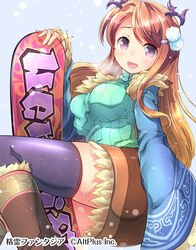  :d bad_id bad_pixiv_id black_thighhighs boots breasts brown_footwear brown_hair commentary_request copyright_name female fur_trim green_sweater hair_ornament hairclip highres horns large_breasts long_hair matsuuni open_mouth pencil_skirt pink_eyes ribbed_sweater seirei_fantasia skirt smile snowboard solo sweater thighhighs very_long_hair 