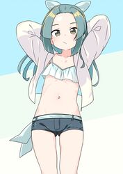  arms_up bad_id bad_twitter_id bikini bikini_top_only blue_bikini blue_hair female green_eyes hair_ribbon inactive_account jacket kantai_collection long_hair long_sleeves looking_at_viewer nassukun official_alternate_costume open_clothes open_jacket ribbon short_shorts shorts simple_background solo suzunami_(kancolle) swimsuit white_jacket 