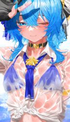  absurdres arm_up bikini bikini_under_clothes black_gloves blue_bikini blue_eyes blue_hair blue_nails blue_neckerchief blush buttons choker closed_mouth collared_shirt female fingerless_gloves gloves highres hololive hoshimachi_suisei long_hair looking_at_viewer nail_polish neckerchief one_eye_closed see-through see-through_shirt shading_eyes shirt smile solo star_(symbol) star_in_eye swimsuit symbol_in_eye tarutaru_(ryousuke) tied_shirt upper_body virtual_youtuber wet wet_clothes wet_shirt 