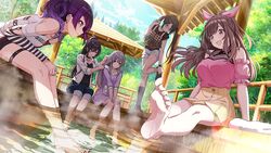  5girls :d ashiyu bag bare_legs barefoot bath black_choker black_hair black_shirt black_socks blue_pants blue_sky blush bow breasts brown_hair capri_pants choker cleavage closed_mouth day dress dutch_angle earrings feet foot_bath foreshortening from_side game_cg glasses hair_between_eyes hair_over_one_eye hairbow hands_on_own_knees high-waist_skirt high_ponytail highres idolmaster idolmaster_shiny_colors jacket jewelry l&#039;antica_(idolmaster) large_breasts leaning_forward legs long_hair long_sleeves looking_at_another medium_hair miniskirt mitsumine_yuika multiple_girls nail_polish off_shoulder official_art open_mouth outdoors pants pink_bow pink_eyes profile purple_dress purple_eyes purple_hair purple_nails resized ring same-sex_bathing see-through shared_bathing shirase_sakuya shirt shorts sitting skirt sky smile soaking_feet socks soles standing standing_on_one_leg steam tanaka_mamimi thigh_strap thighs third-party_source toe_scrunch toenail_polish toenails toes tomari_(veryberry00) tree tsukioka_kogane upscaled watch water wet white_jacket white_shirt white_shorts wristwatch yellow_eyes yellow_skirt yukoku_kiriko 