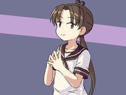  ayanami_(kancolle) brown_hair brown_sailor_collar english_commentary female fingers_together grey_background kantai_collection long_hair looking_at_viewer one-hour_drawing_challenge sailor_collar school_uniform serafuku side_ponytail sixten smile solo steepled_fingers two-tone_background upper_body 