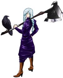  animal_on_weapon axe bad_id bad_twitter_id bird bird_on_weapon blue_hair boots braid braided_bangs crow daisx_(dais0115) dress female from_above full_body highres holding holding_axe huge_weapon jujutsu_kaisen knee_boots light_blue_hair long_hair looking_at_viewer mei_mei_(jujutsu_kaisen) multiple_braids over_shoulder purple_dress smile solo weapon weapon_over_shoulder white_background 