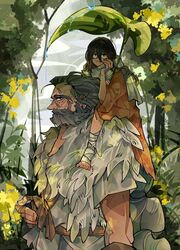  2boys aged_down bandaged_foot bandages beard black_eyes black_hair braid carrying drenched-in-sunlight facial_hair father_and_son forest great_shinobi_owl grey_hair hair_between_eyes highres holding holding_leaf jitome leaf long_hair looking_at_viewer looking_to_the_side male_focus multiple_boys nature old old_man red_eyes sanpaku sash sekiro sekiro:_shadows_die_twice shoulder_carry stirrup_legwear toeless_legwear very_long_hair 