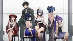  1boy 5girls absurdres ahoge alternate_costume alternate_hairstyle aqua_nails arm_strap ass backless_dress backless_outfit bad_id bad_pixiv_id bangle bare_arms bare_back bare_legs bare_shoulders black_gloves black_hair black_pantyhose black_suit blue_dress blue_hair bob_cut bracelet breasts brown_hair cleavage cleavage_cutout closed_mouth clothing_cutout commentary cone_hair_bun criss-cross_halter crossed_bangs crossed_legs dark_blue_hair derby_(dabidabi) double_bun dress earrings elbow_gloves eyeliner feather_boa feet_out_of_frame flower flower-shaped_pupils formal ganyu_(genshin_impact) genshin_impact gloves goat_horns gradient_hair green_eyes green_vest grey_hair hair_bun hair_flower hair_ornament hair_over_one_eye hair_up halterneck hand_up highres horns hu_tao_(genshin_impact) jewelry keqing_(genshin_impact) large_breasts light_smile long_hair looking_at_viewer looking_back makeup median_furrow medium_breasts multicolored_hair multiple_girls nail_polish necktie on_chair orange_eyeliner pantyhose parted_lips plum_blossoms purple_dress purple_eyes purple_hair red_eyes see-through see-through_dress shenhe_(genshin_impact) short_dress short_hair sidelocks single_elbow_glove sitting standing streaked_hair suit symbol-shaped_pupils tassel tassel_earrings thighs turtleneck turtleneck_dress twintails two-tone_dress two-tone_hair vest white_necktie yelan_(genshin_impact) yellow_eyes zhongli_(genshin_impact) 