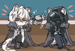  2boys ^_^ animal animal_ear_fluff animal_ears arknights bad_id bad_pixiv_id bird black_footwear black_gloves black_jacket black_necktie black_pants boots brown_gloves cape closed_eyes collared_shirt commentary_request doctor_(arknights) dress_shirt fake_animal_ears fur-trimmed_cape fur_trim gloves grey_cape grey_eyes grey_hair hair_between_eyes hare_hare_yukai hood hood_up hooded_jacket jacket leopard_boy leopard_ears leopard_tail long_sleeves looking_at_viewer male_focus mashiro_miru multicolored_hair multiple_boys necktie on_one_knee open_clothes open_jacket outstretched_arms pants parody profile shirt silverash_(arknights) sparkle suzumiya_haruhi_no_yuuutsu tail tenzin_(arknights) two-tone_hair white_hair white_shirt 