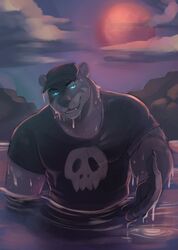  1boy animal_ears bara black_headwear black_shirt blue_eyes cloud cloudy_sky echo_(visual_novel) echo_project english_commentary furry furry_male glowing glowing_eyes highres horrorbuns lake looking_at_viewer male_focus moon night night_sky otter_boy otter_ears outstretched_hand red_moon shirt skull_print sky sydney_bronson water wet wet_clothes 