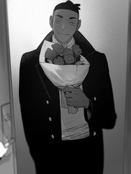  1boy blurry blush bouquet buttons closed_mouth coat dark-skinned_male dark_skin door earrings greyscale half-closed_eyes handle holding holding_bouquet jewelry long_sleeves looking_down male_focus monochrome pants pokemon pokemon_swsh raihan_(pokemon) rioru_(rioru_v_v) shirt smile 