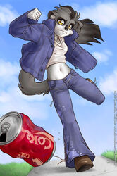  5_fingers anthro australian_possum beverage_can biped black_nose blue_bottomwear blue_clothing blue_jacket blue_pants blue_topwear bottomwear breasts brown_clothing brown_footwear brown_shoes closed_smile clothed clothed_anthro clothed_female clothing coca-cola crop_top day female fingers fist footwear fully_clothed fully_clothed_anthro fully_clothed_female fur grass grey_body grey_fur jacket mammal marsupial midriff mouth_closed navel outside pants petaurid plant running samantha_whitten shirt shoes smile solo sugar_glider tail topwear white_clothing white_crop_top white_topwear yellow_eyes 