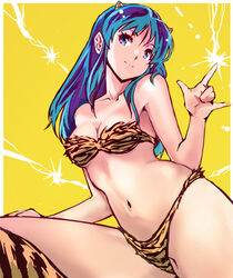  animal_print bikini blue_eyes blue_hair breasts cleavage cone_horns electricity electrokinesis female horns kamisimo_90 long_hair looking_at_viewer lum medium_breasts navel pointy_ears print_bikini sitting solo strapless strapless_bikini swimsuit tiger_print urusei_yatsura yellow_background yellow_bikini 