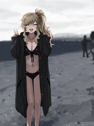  :d ^_^ bare_legs beach bikini bikini_under_clothes black_coat blonde_hair blush closed_eyes cloud cloudy_sky coat cold day double_v facing_viewer feet_out_of_frame female front-tie_bikini_top front-tie_top goshiki_suzu halterneck highres idolmaster idolmaster_cinderella_girls jewelry long_hair long_sleeves navel necklace ohtsuki_yui open_clothes open_coat open_mouth outdoors photo_shoot polka_dot polka_dot_bikini side_ponytail silhouette sky sleeves_past_wrists smile solo_focus standing stomach swept_bangs swimsuit thigh_gap unbuttoned v water 