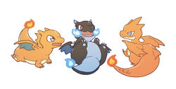  blue_fire breath_weapon charizard chibi claws commentary_request fangs fire flame-tipped_tail lying mega_charizard_x mega_charizard_y mega_pokemon meganemido no_humans on_back open_mouth pokemon pokemon_(creature) red_eyes simple_background tongue white_background 