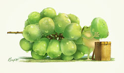  absurdres animal backpack_basket basket dew_drop fantasy food frog fruit grapes hachiya_shohei highres holding holding_food holding_fruit no_humans original signature water_drop white_background 