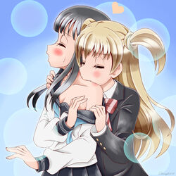  2girls akebi-chan_no_serafuku akebi_komichi artist_name black_hair blonde_hair blush bow breasts bubble cleavage closed_eyes collarbone commentary dated heart kizaki_erika long_hair medium_breasts moaning multiple_girls nibbling open_mouth roubai_academy_school_uniform_(old) school_uniform serafuku simple_background skirt sweat twintails variangel yuri 