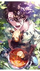  1boy absurdres asymmetrical_bangs black_hair black_pants bread brown_eyes commentary_request day dr._stone food full_body hair_between_eyes highres holding holding_food indian_style koujisako letterboxed looking_at_viewer making-of_available male_focus nanami_sai open_mouth outdoors pants pot shirt short_sleeves sitting solo stew white_shirt 