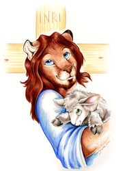  2001 anthro artist_name black_hooves blue_eyes bovid caprine closed_smile clothing cross dated duo felid fur green_eyes holding_another hooves jesus_christ latin_text lion looking_at_viewer male mammal mouth_closed pantherine pink_inner_ear religion robe sheep signature simple_background smile smiling_at_viewer text topwear translated white_background white_body white_clothing white_fur white_robe white_topwear white_wool wool_(fur) xianjaguar 