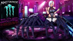  16:9 6_eyes arachnid arachnid_taur arthropod arthropod_taur bo4a city city_background clothing cosplay crossover crossover_cosplay cyberpunk cyberpunk_edgerunners female hair hi_res latex latex_clothing latex_skinsuit lucy_(cyberpunk_edgerunners) monster_girl_(genre) monster_musume multi_eye rachnera_arachnera_(monster_musume) red_eyes rubber_clothing skinsuit solo spider spider_taur taur tight_clothing white_hair widescreen 