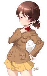  alternate_costume artist_name blush brown_eyes brown_hair chi-hatan_military_uniform closed_mouth commentary_request dated female girls_und_panzer hand_on_own_hip highres kawanishi_shinobu kuzuryuu_kennosuke looking_at_viewer military military_uniform miniskirt one_eye_closed pleated_skirt ponytail short_hair simple_background skirt solo standing uniform volleyball white_background yellow_skirt 