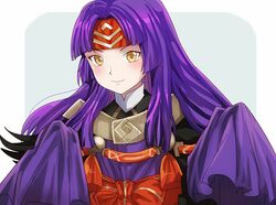  alternate_costume closed_mouth female fire_emblem fire_emblem:_radiant_dawn fire_emblem_heroes grey_background headband long_hair long_sleeves looking_at_viewer official_alternate_costume purple_hair rem_(eyes_410) sanaki_kirsch_altina sanaki_kirsch_altina_(resplendent) simple_background sleeves_past_wrists smile solo upper_body yellow_eyes 